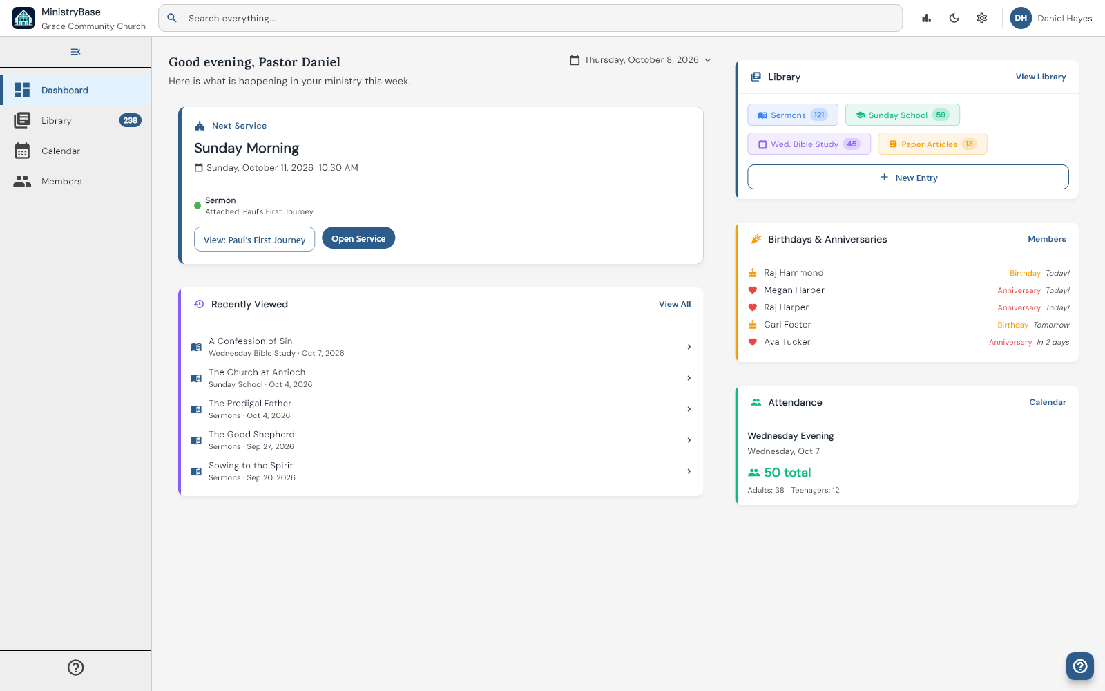 The MinistryBase dashboard showing the next Sunday service, library counts by type, recently viewed messages, upcoming birthdays and anniversaries, and last Wednesday’s attendance.